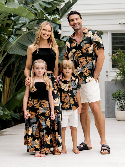 Family Matching Floral Print Beach Wear Short-sleeve Shirt or Camisole top and Wide-Leg Pants Set for Summer Vacation Family Looks Black+White