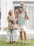 Family Matching Tropical Print Outfits Mommy & Me Tank Dress & Dad/Kids Cotton T-Shirt Set
 Green
