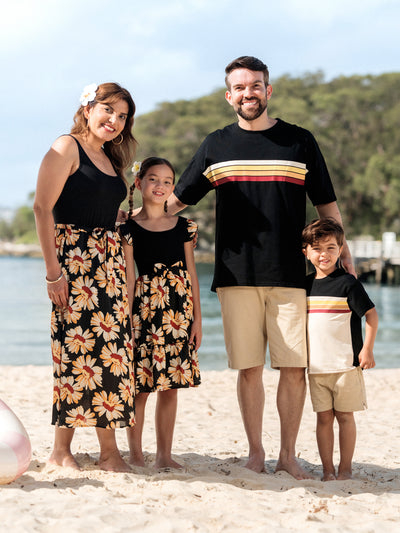 Family Matching Set Floral Sleeveless Strappy Dress or Colorblock Short-sleeve T-shirt  Black