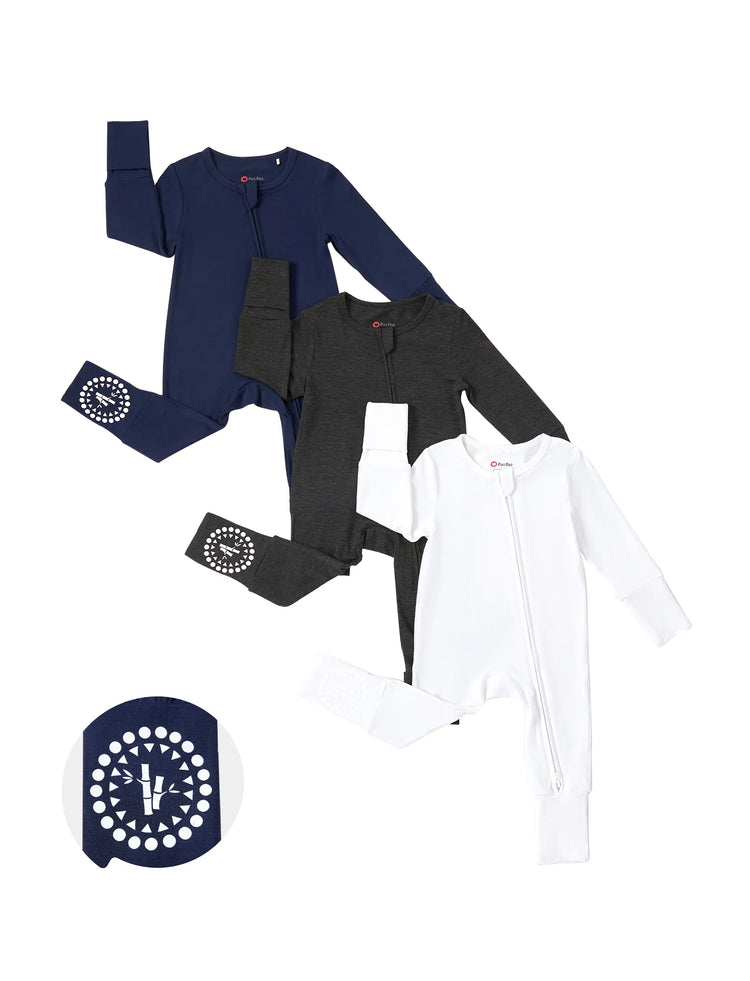 Bamboo Baby Boy / Girl 3-Pack Solid&Rainbow Printed 2-Way Zipper Anti Slip Long-sleeve Footie Dark Blue