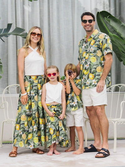 Matching Family Outfits Lemon Print Hawaiian Shirts & Summer Dresses Tropical Vacation Clothes for Men, Women & Kids Green