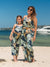 Mommy and Me Tropical Leaf Print Jumpsuit Set, Spaghetti Strap Belted Matching Outfits for Summer Beach Vacation Tibetan blue