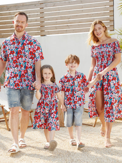 Family Matching Floral Print Short-sleeve Shirt or Off Shoulder Smocking Dresses Set Dark Blue