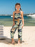 Toddler/Kid Girl Tropical Leaf Print Jumpsuit for Summer Beach Vacation Tibetan Blue
