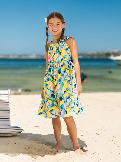 Toddler/Kid Girl Casual Outfits Floral Print  Strappy Dress Yellow