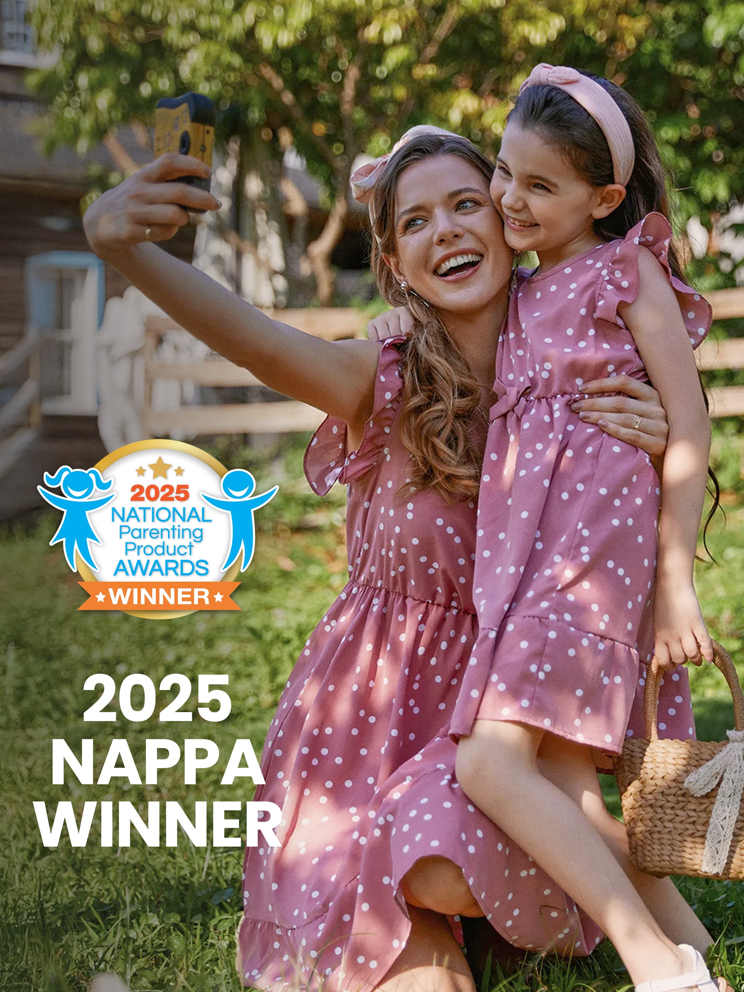 All-Over Dots Pink Cross-Wrap V-Neck Ruffle Flutter-Sleeve Dress for Mom and Me