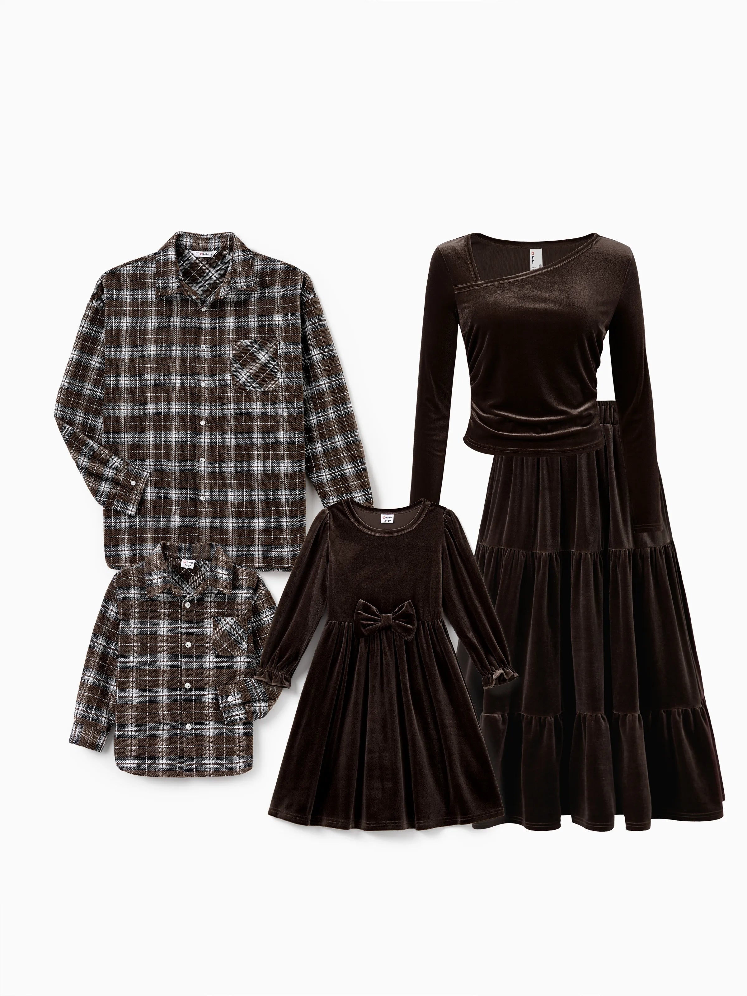Velvet &amp; Plaid Matching Family Outfits Dad/Son Shirts &amp; Mom/Daughter Velvet Dresses Sets Dark Brown