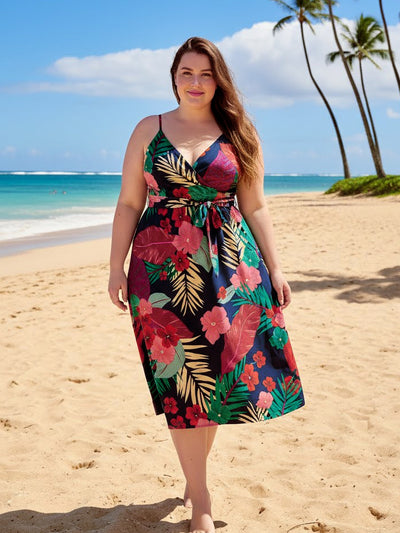 Family Matching Sets Floral Panel Black tee and V-neck Strap Dress with Hidden Snap Deep Blue