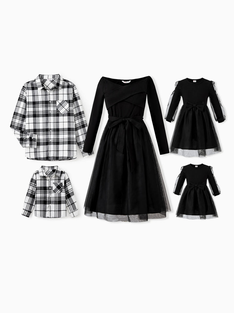 Family Matching Sets Black Plaid Shirt or Elegant Off-Shoulder Cross Front Tulle Mesh Dress Black