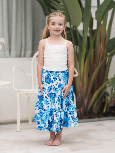 Toddler/Kid Girl Outfits White Camisole Top and Blue Floral Print Skirt Co-ord Set Blue