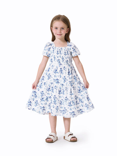 Toddler/Kid Girl Floral Smocking Shirred Casual Dress BLUEWHITE