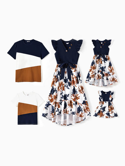 Family Matching Casual Dress or T-Shirt, Solid Color, Fabric Stitching royalblue