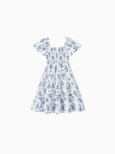 Toddler/Kid Girl Floral Smocking Shirred Casual Dress BLUEWHITE