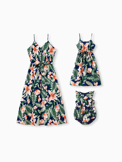 Mommy and Me Family Matching Sets Floral Panel Short-sleeve T-shirts or All Over Floral Print V Neck Spaghetti Strap Midi Dresses with Hidden Snap royalblue