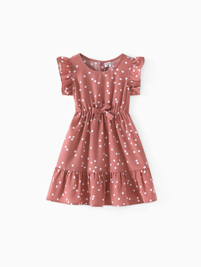 Toddler/Kid Girl All Over Dots Pink Cross Wrap V Neck Ruffle Flutter-sleeve Dress for Mom and Me PinkyWhite