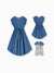 Mommy and Me Family Matching Soft Casual Outfit with Below Knee Dresses, Front Buttons, Belted Design Blue