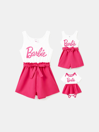 Barbie Mommy and Me Letter Print Belted Combo Tank Rompers White