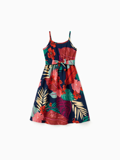 Toddler/Kid Girl Sets Floral V-neck Strap Dress with Hidden Snap Deep Blue