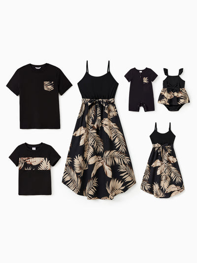 Family Matching Floral Print Belted Cami Dresses And Solid Short Sleeve Tops Sets Black