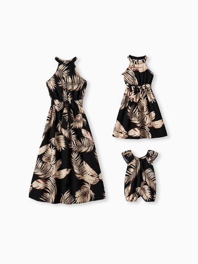 Mommy and Me Family Matching Solid Leaf Sleeveless Halter Dresses And Short Sleeve Tops Sets Black