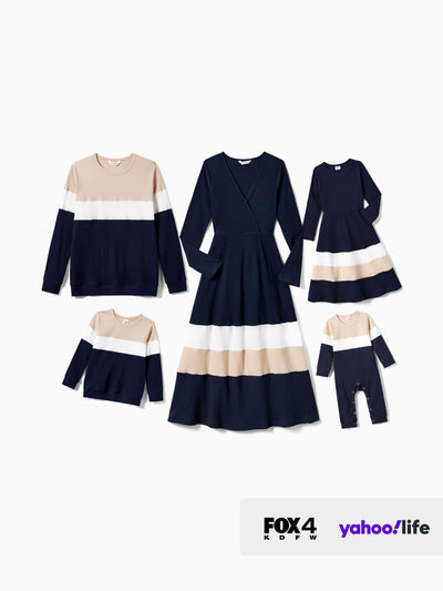 Family Matching Color-Block Knit Long-Sleeved Dresses And Tops Sets Multi-color