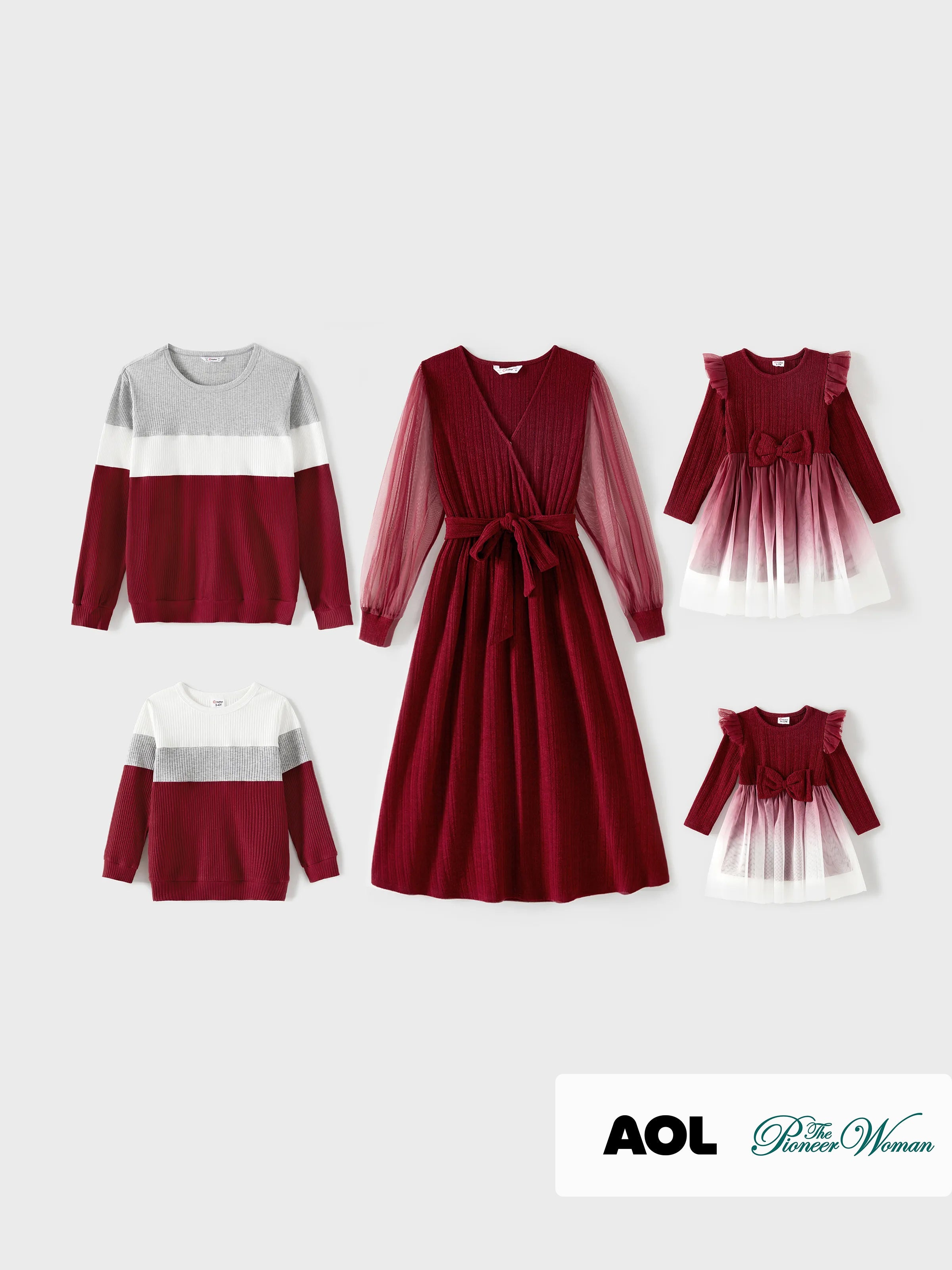Family Matching Color-block Tops and Flutter Mesh Dresses Sets Burgundy