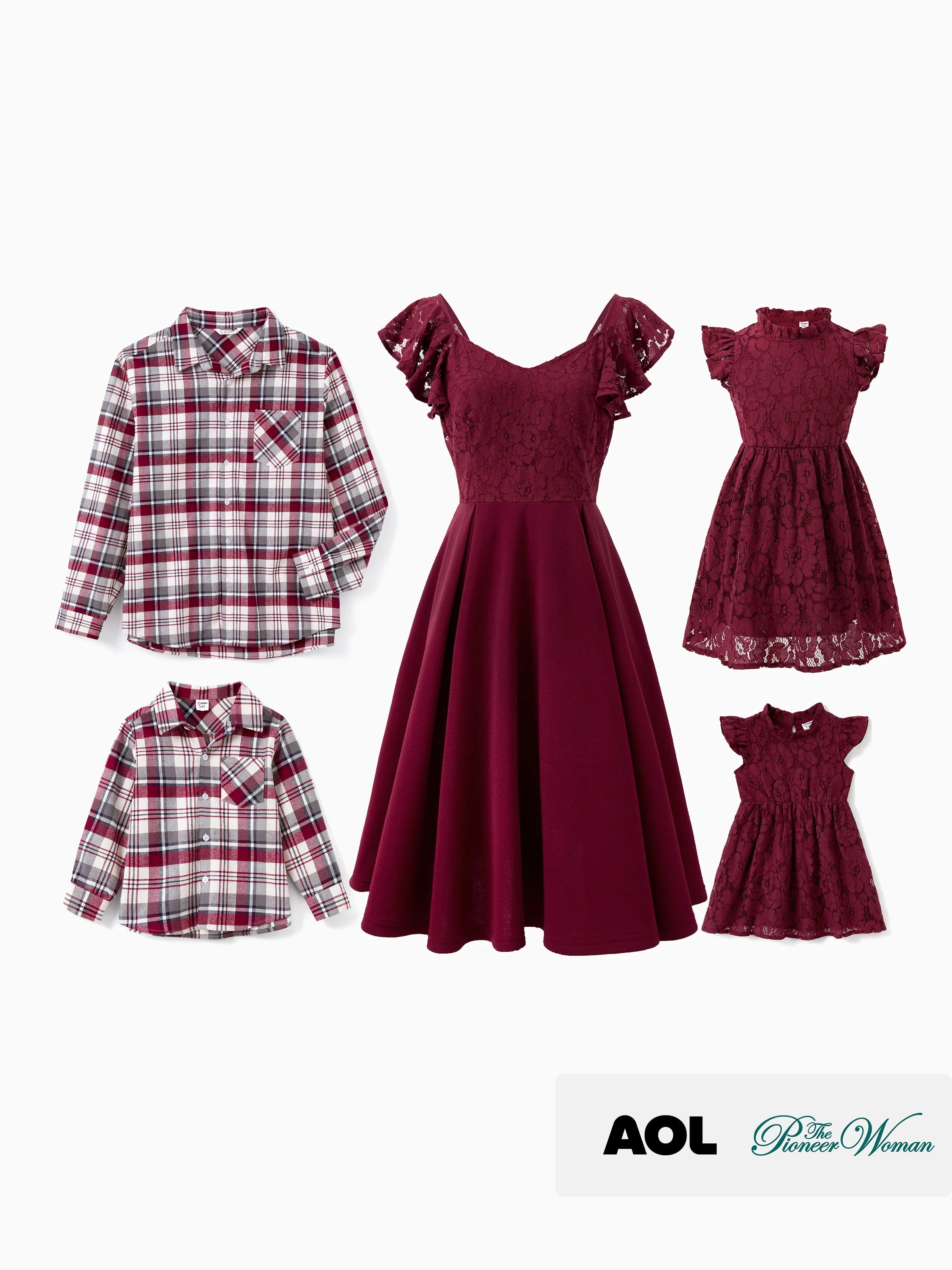 Family Matching Sets Plaid Shirt or Red Wine Lace Ruffle Sleeve A-Line Dress WineRed