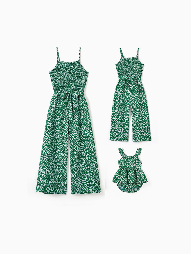 Matching Floral Print Green Smocked Strap Jumpsuits for Mommy and Me Green