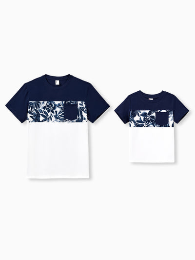 Daddy and Me Family Matching Cotton Tee Flora Print Splicing Shirt or Tank Dress Deep Blue