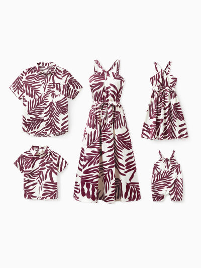 Family Matching Outfits Red Leaf Print Shirts and Strap Belted Dress for Hawaii/Cruise/Resort/Casual Wear White