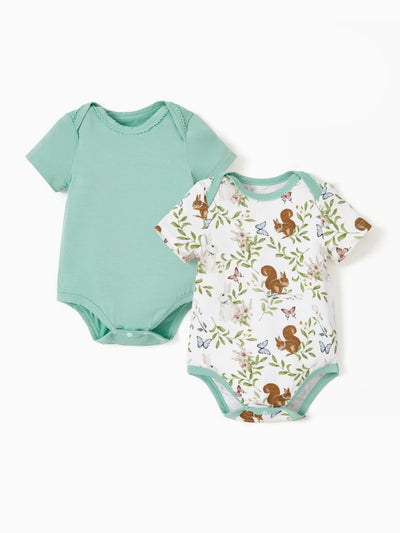 Bamboo Baby Boy/Girl 2-Pack Solid&Printed Rompers Set Light Green