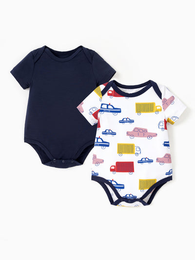Bamboo Baby Boy/Girl 2-Pack Solid&Printed Rompers Set Deep Blue