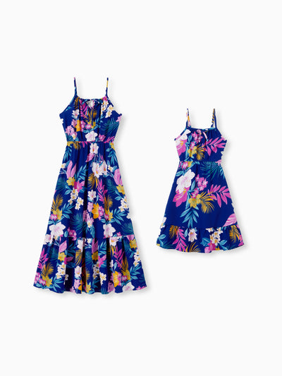 Mommy and Me Matching Family Hawaiian Outfits Tropical Floral Print Strap Dress or Short-sleeve Shirts & Shorts Set Summer Beachwear Set for Vacation  Deep Blue