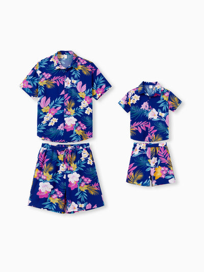 Daddy and Me Matching Family Hawaiian Outfits Tropical Floral Print Strap Dress or Short-sleeve Shirts & Shorts Set Summer Beachwear Set for Vacation  Deep Blue