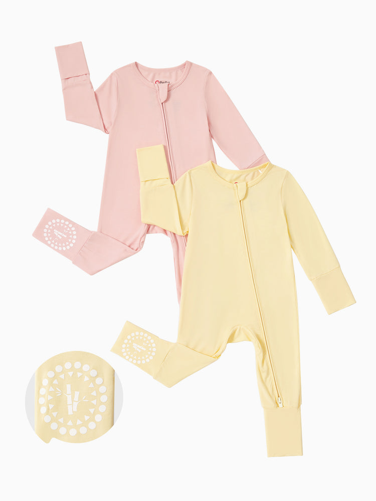 Bamboo 2-Pack Footies Baby Boy / Girl 2-Way Zipper Anti Slip Long Sleeve Rompers Pale Yellow