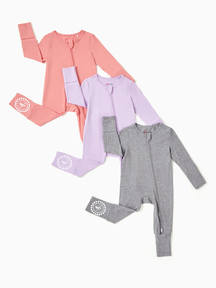 Bamboo Baby Boy / Girl 3-Pack Solid&Rainbow Printed 2-Way Zip Romper Anti Slip Long-sleeve Footie Purple