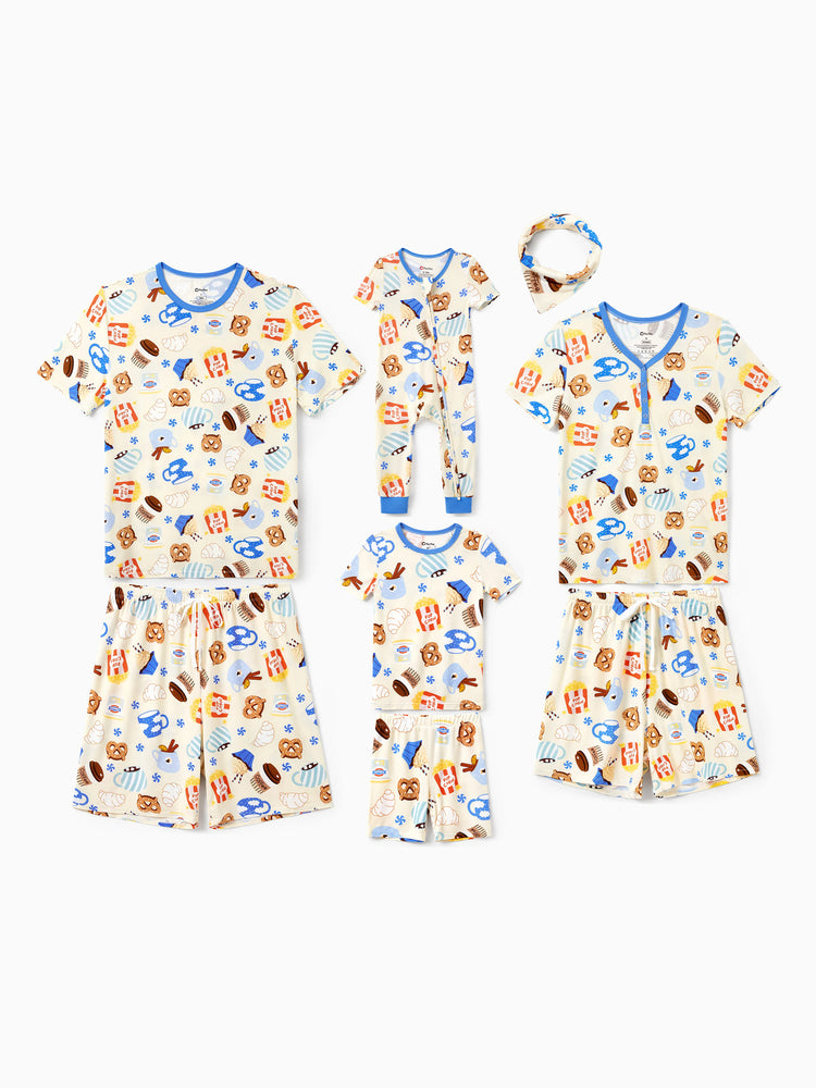 Family Matching Bamboo Pajamas Buttery Soft Bamboo Viscose PJs for Men Women Kids Toddler Baby, Cozy Dessert Print Short-sleeve Sleepwear Blue