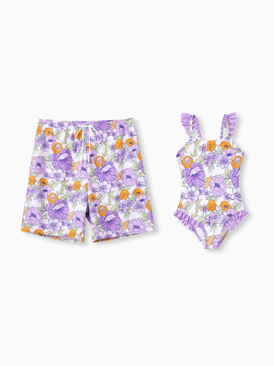 Daddy & Daughter Floral Print Swimsuits Ruffled One-Piece Bathing Suit & Swim Trunks Set Purple