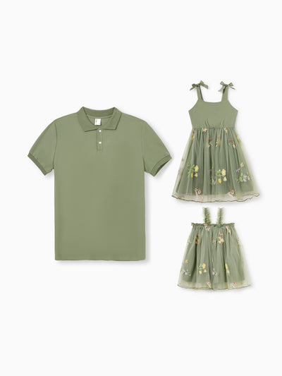 Daddy & Daughter Polo Collar Short-sleeve Shirt or V-neck Strappy Mesh Dress Green