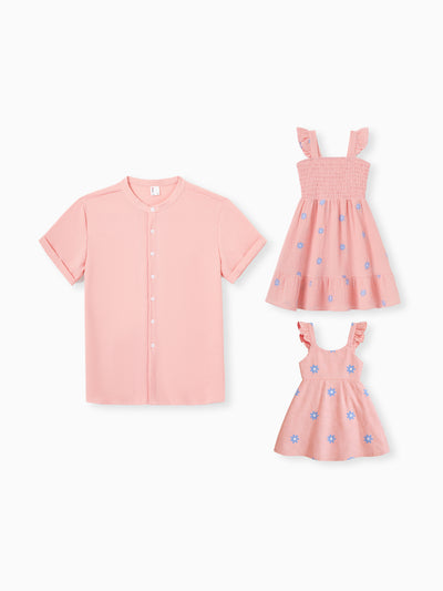 Daddy & Daughter Mauve Pink Matching Outfits, Flower Print Dress for Daughter & Solid Shirt for Dad, Ideal for Summer Family Outings & Photos