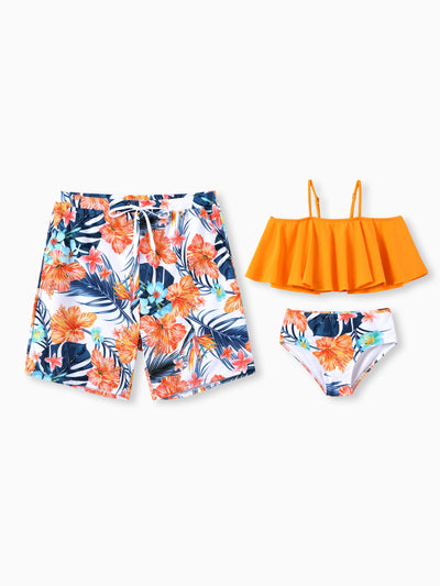 Daddy & Daughter Swimwear Tropical Floral Bikini Set with Ruffle Top for Mom & Daughter, Board Shorts for Dad & Son, Bright Summer Beach Outfits Orange