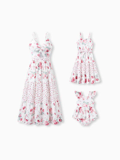 Mommy and Me Family Matching Outfits Set Solid Color Short-sleeve Polo Collar Shirt or Flower Print Hollow out Dress  Pink