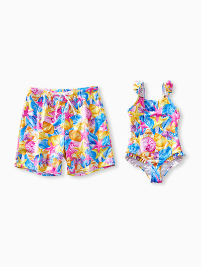 Daddy & Daughter Seashell & Starfish Print Swimsuits Ruched One-Piece & Swim Trunks Set Multi-color