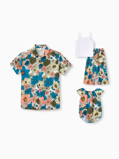 Daddy & Daughter Set Sun Flower Print Short-sleeve Collar Shirt or White Camisole Top and Flower Wide-leg Pants Set for Summer Vacation Multi-color