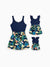 Mommy and Me Tropical Leaves Print Sleeveless Rompers with Belted Shorts Matching Set Deep Blue