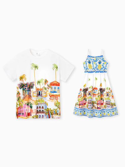 Daddy & Daughter Vacation Set Tropical Pineapple Coconut Tree Print Short-sleeve T-shirt or Hollow out Strap Dress for Summer Vacation White