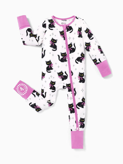 Bamboo Baby Boy/Girl Cartoon Printed 2-Way Zip Onesies Anti Slip Long-sleeve Footie Pink purple