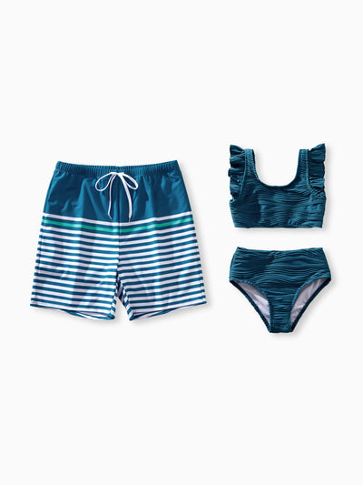 Daddy & Daughter Teal Striped Swimsuits Ruched Bikini & Swim Trunks Set Multi-color