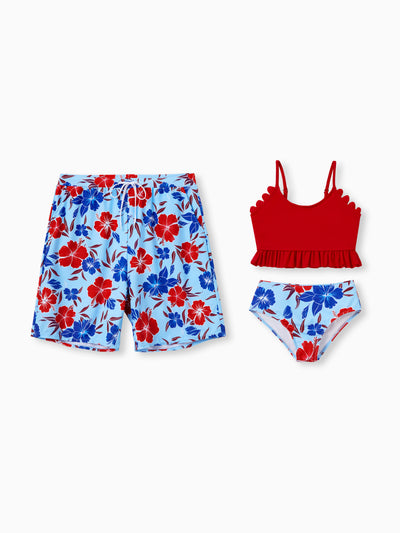 Daddy & Daughter Swimwear Floral Print Bikini & Swim Trunks Set for Mom, Dad, & Kids, Perfect for Summer Beach Days & Pool Parties Red