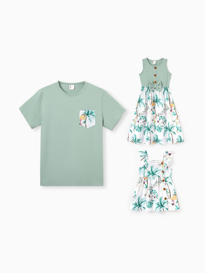 Daddy & Me Tropical Print Outfits,Daughter Tank Dress & Dad Cotton T-Shirt Set Green